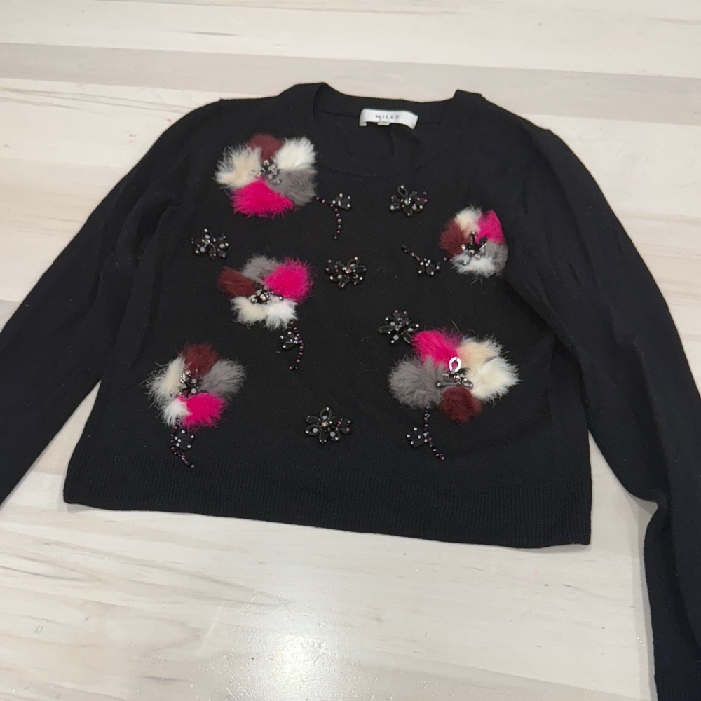 Milly Black Sweater with Pink and Brown Floral Accents